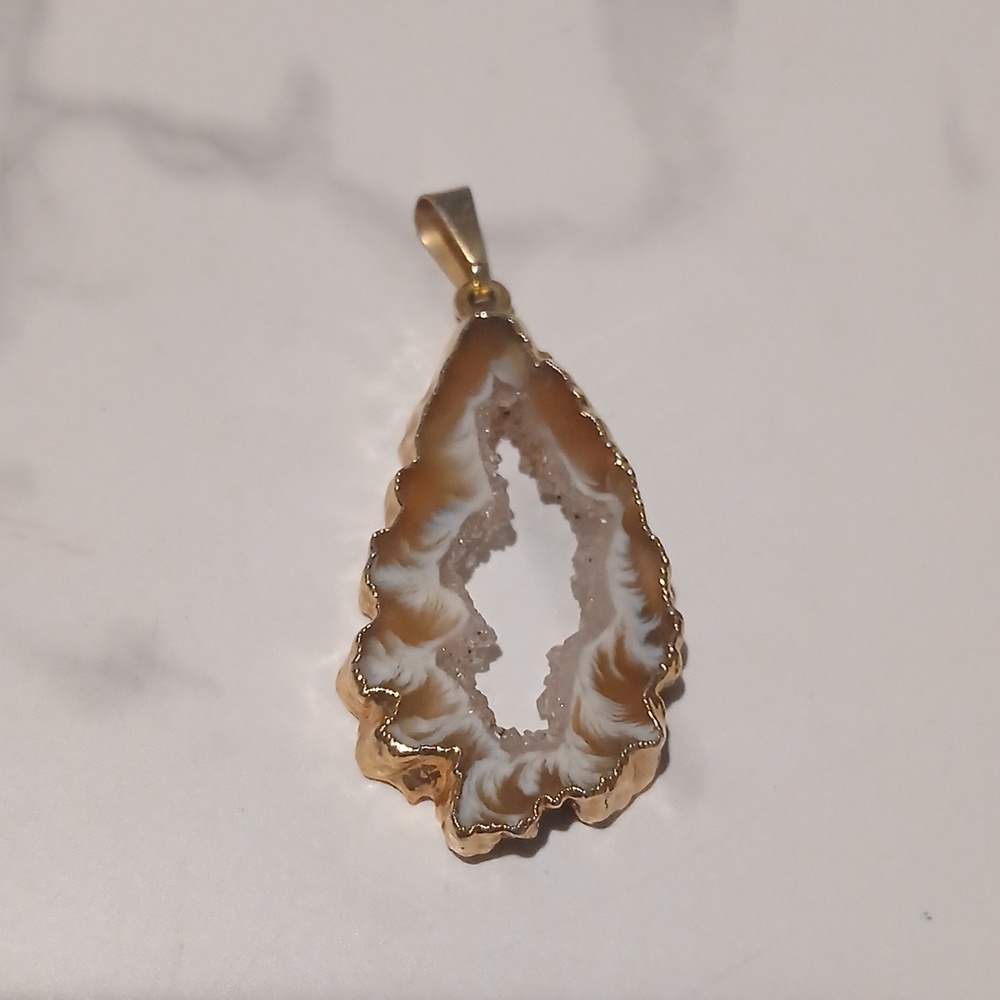 Slice Agate Geode Crystal Pendant Gold Dipped Almost 2"